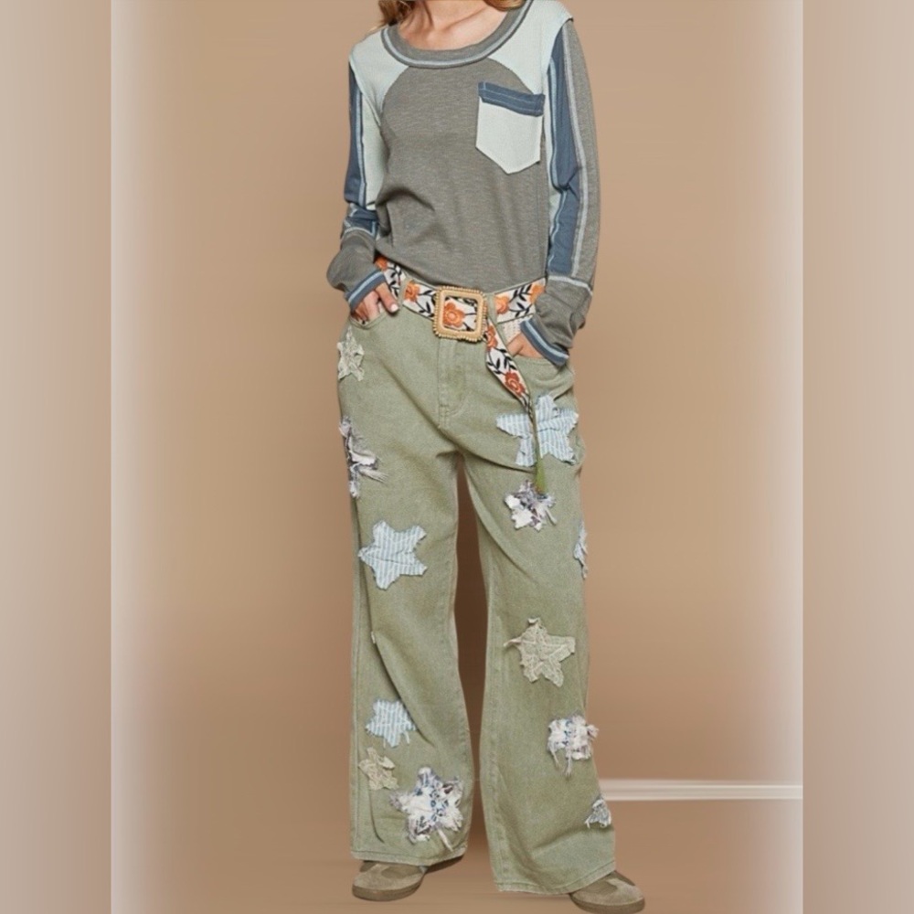 JUST IN! POL Star Patchwork Jeans Olive Green Straight Leg